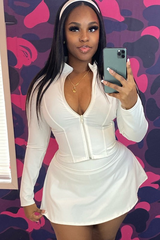 Ensemble deux pièces sexy à manches longues et fermeture éclair pour femme, couleur unie, coupe ajustée, jupe courte et moulant