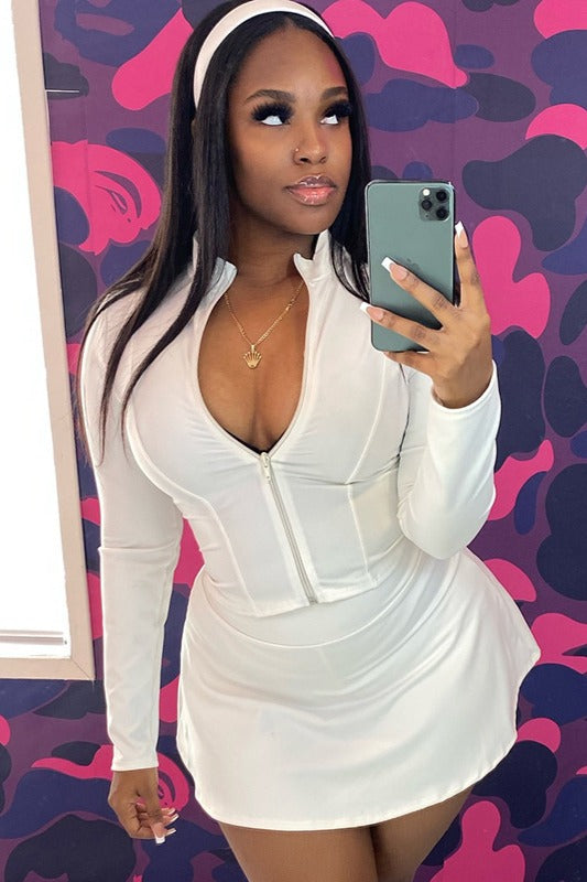 Ensemble deux pièces sexy à manches longues et fermeture éclair pour femme, couleur unie, coupe ajustée, jupe courte et moulant