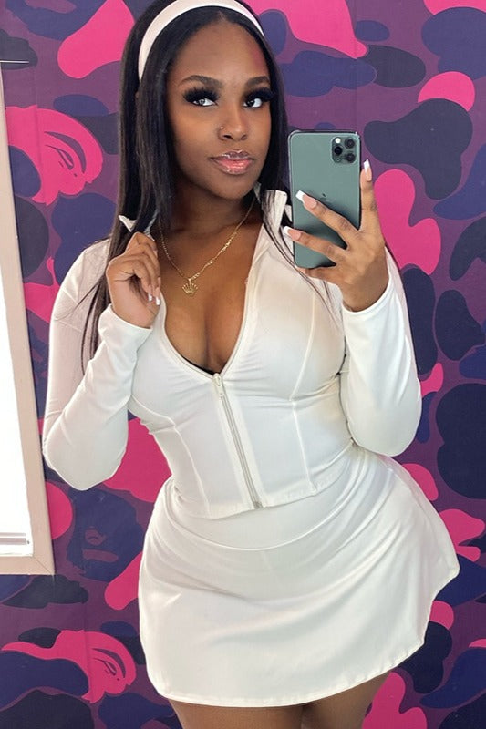 Ensemble deux pièces sexy à manches longues et fermeture éclair pour femme, couleur unie, coupe ajustée, jupe courte et moulant