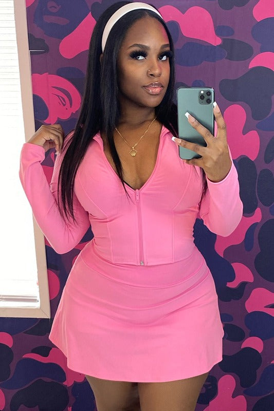 Ensemble deux pièces sexy à manches longues et fermeture éclair pour femme, couleur unie, coupe ajustée, jupe courte et moulant