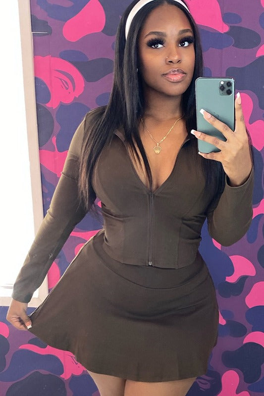 Ensemble deux pièces sexy à manches longues et fermeture éclair pour femme, couleur unie, coupe ajustée, jupe courte et moulant