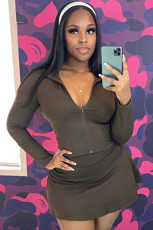 Ensemble deux pièces sexy à manches longues et fermeture éclair pour femme, couleur unie, coupe ajustée, jupe courte et moulant