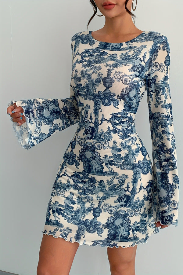 Robe élégante sans dos en maille avec imprimé floral pour femme, manches longues, tissu tricoté, robe mini à col rond à motif géométrique
