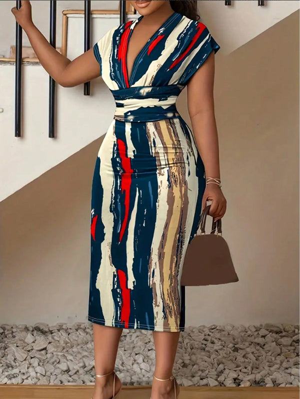 Robe mi-longue asymétrique d'été pour femmes avec imprimé, taille élastique, col V profond et design de hanches. Tenue maxi pour femmes