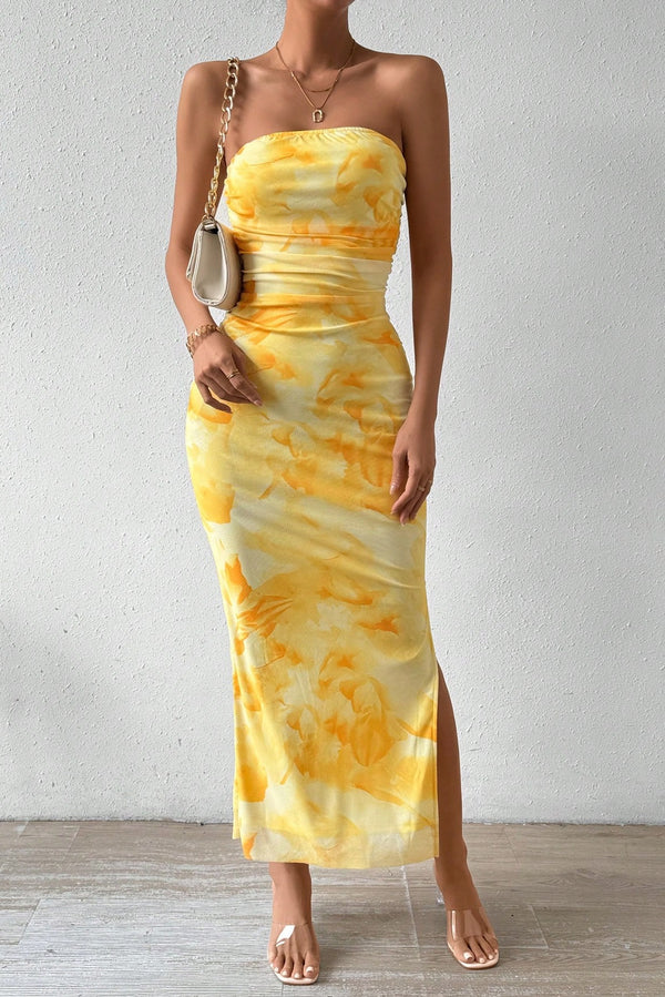 Robe longue sans bretelles avec fente latérale pour femmes, style tie-dye